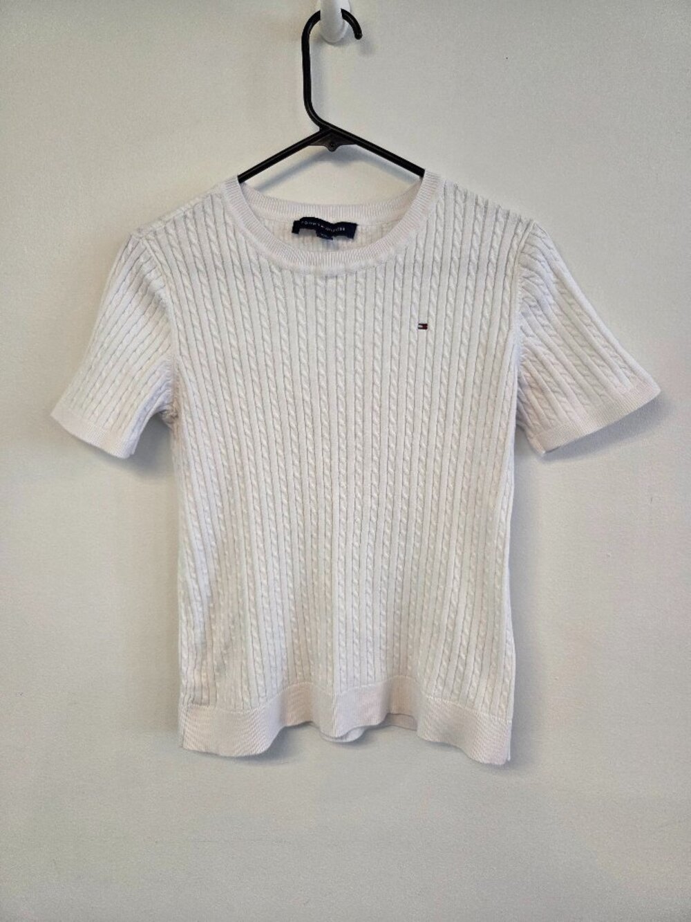 Tommy Hilfiger Clean Girl Classic Cable Knit Tee White Cotton Top Size M
